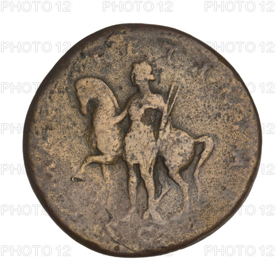 sestertius, Hadrian (76–138; Roman emperor 117–138); bronze coin, weight 21.55 g. Obverse: bust of Hadrian facing right in drapery; rim inscription HADRIANVSAVGCOS III PP. Reverse: personification of Mauretania standing left, wearing a short tunic, holding the reins of a horse to the right (the horse also stands left), two javelins in her left hand; control mark SC; inscription at the bottom: M, RETA, A. Date: 134–138, Rome, Roman Empire (27 BC–476).