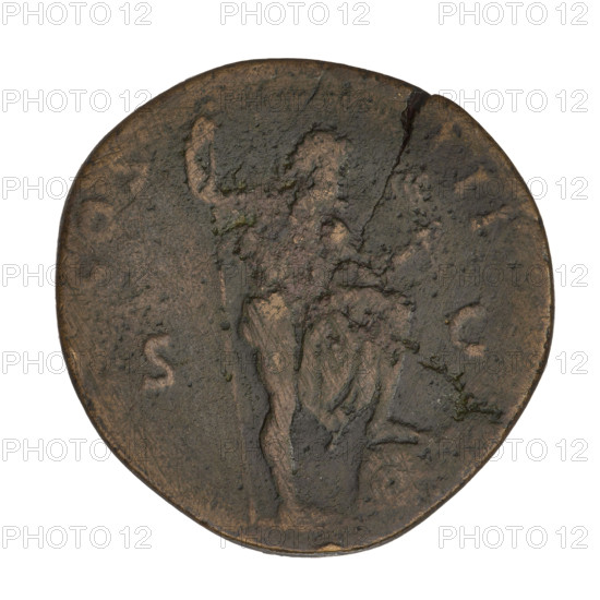 sestertius, Hadrian (76–138; Roman emperor 117–138); obverse: head of Hadrian in laurel wreath right; rim inscription HADRIANVS AVGVSTVS. Reverse: Neptune, with a foot on the prow of a ship, stands facing right with an acrostolium in his left hand and a trident in his right; on both sides SC; rim inscription COS III. Date: 125–128. Rome, Roman Empire (27 BC–476). Coin; weight 21.70 g.