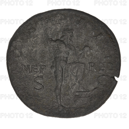 sestertius, Hadrian (76–138; Roman emperor 117–138), Neptune (mythology), laurel wreaths, heads, tridents. Obv.: head of Hadrian in laurel wreath right; rim inscription: HADRIANVS AVGVSTVS. Rev.: Neptune, with a foot on the prow of the ship, stands facing right with an acrostolium in his left hand and a trident in his right; on both sides SC NEP RED; rim inscription: COS III. Date: 125–128, Rome, Roman Empire (27 BC–476). Coin; weight 24.55 g.