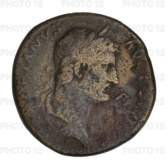 Sestertius of Hadrian (76–138; Roman emperor 117–138). Obverse: head of Hadrian in laurel wreath facing right; rim inscription IANVSAVG. Reverse: Pietas standing frontally, head turned left, in a long robe, praying to the altar in front of her; behind her, facing right, stands a stork; rim inscription erased; letters SC on both sides of the figure. Date: 125–128, Rome, Roman Empire (27 BC–476). Coin; weight 23.75 g.