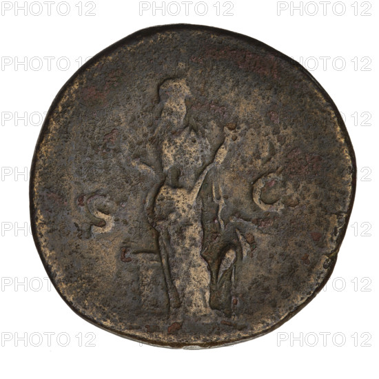 Sestertius, Hadrian (76–138; Roman emperor 117–138). Obverse: head of Hadrian in laurel wreath facing right; rim inscription IANVSAVG. Reverse: Pietas standing frontally, head turned left, in a long robe, praying to the altar in front of her; behind her, facing right, stands a stork; rim inscription erased; letters SC on both sides of the figure. Date: 125–128, Rome, Roman Empire (27 BC–476). Coin; weight 23.75 g.