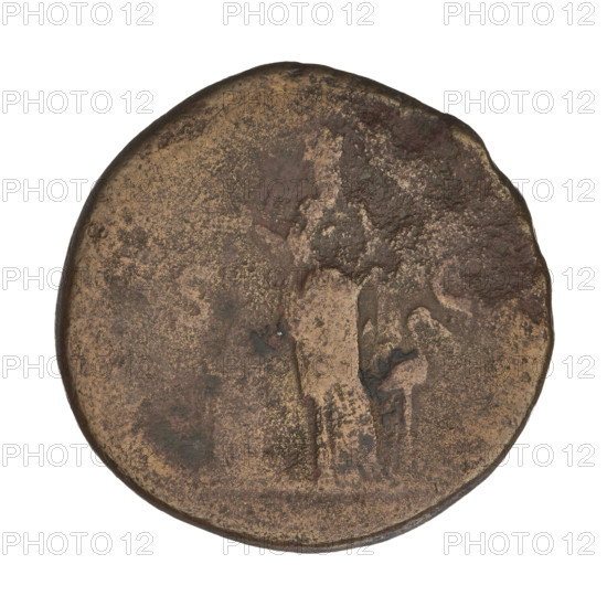 Sestertius, Hadrian (76–138; Roman emperor 117–138). Obverse: head of Hadrian in laurel wreath facing right; rim inscription HADRIANVSAVGCOS III PP. Reverse: Pietas standing frontally, head turned left, in a long robe, praying to the altar in front of her; behind her a stork facing right; rim inscription obliterated; letters SC on both sides of the figure. 125–128 CE, Rome, Roman Empire (27 BC–476). Coin; weight 24.30 g.