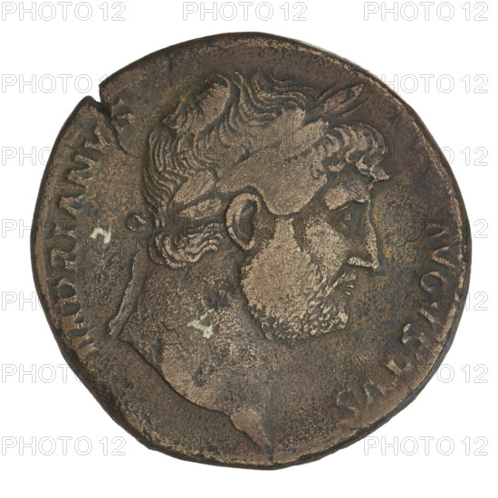 Sestertius, Hadrian (76–138; Roman emperor 117–138). Obverse: head of Hadrian with laurel wreath facing right; rim inscription HADRIANVS AVGVSTVS. Reverse: Roma seated left on armor and supported by a shield at the back, wearing a long robe and helmet, holding a figure of Victoria in her outstretched right hand and a cornucopia in her left; rim inscription COS III; in the field: SC. Dated 125–128, Rome, Roman Empire (27 BC–476). Coin; weight 28.00 g.