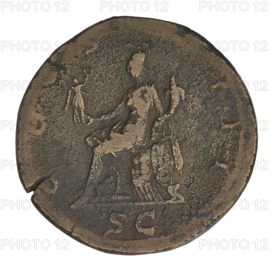 Sestertius of Hadrian (76–138; Roman emperor 117–138). Obverse: head of Hadrian with laurel wreath facing right; rim inscription HADRIANVS AVGVSTVS. Reverse: Roma seated left on armor and supported by a shield at the back, wearing a long robe and helmet, holding a figure of Victoria in her outstretched right hand and a cornucopia in her left; rim inscription COS III; in the field: SC. Date: 125–128. Place: Rome, Roman Empire (27 BC–476). Medium: coin. Weight: 28.00 g.