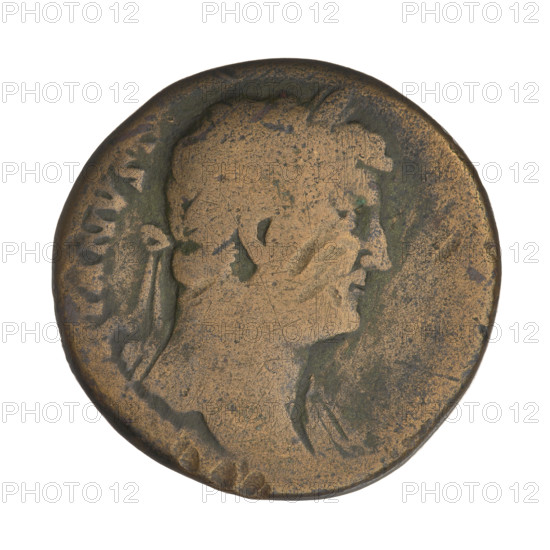 Sestertius, Hadrian (76–138; Roman emperor 117–138). Obverse: head of Hadrian with laurel wreath facing right; rim inscription: IANVS. Reverse: Salus (personification) standing right, dressed in a long robe, holding a patera in her left hand, with her right hand feeding a snake entwined on the altar opposite her; rim inscription obliterated; on both sides: SC. Date: 134–138. Place: Rome, Roman Empire. Coin; weight 24.75 g.