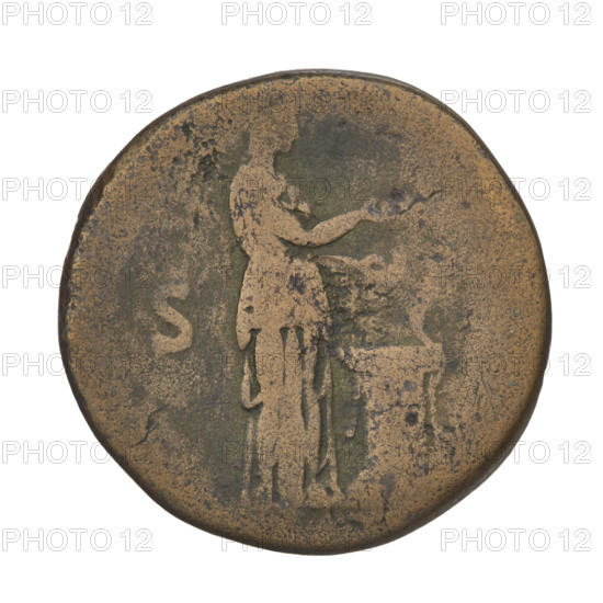 Sestertius of Hadrian (76–138; Roman emperor 117–138). Obverse: head of Hadrian with laurel wreath facing right; rim inscription: IANVS. Reverse: Salus (personification) standing right, dressed in a long robe, holding a patera in her left hand, with her right hand feeding a snake entwined on the altar opposite her; rim inscription obliterated; on both sides: SC. Date: 134–138, Rome, Roman Empire. Coin, weight 24.75 g.