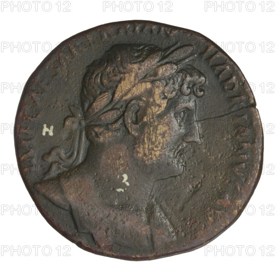 Sestertius, Hadrian (76–138; Roman emperor 117–138); coin (23.90 g), Roman Empire, 134–138, Rome. Obverse: bust of Hadrian with laurel wreath facing right; rim inscription: IMPCAESARTRAIANHADRIANVSAVG. Reverse: Spes (personification) standing left in long robe, holding a flower in his outstretched right hand and holding her robes with her left hand; rim inscription: PMTRPCOS III. On both sides: SC.