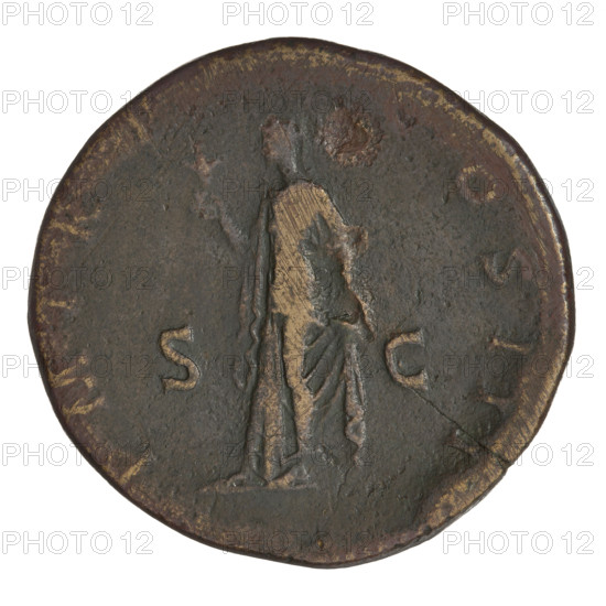 sestertius, Hadrian (76–138; Roman emperor 117–138); coin depicting laurel wreaths, busts, flowers, and Spes (personification). Obverse: bust of Hadrian with laurel wreath facing right; rim inscription: IMPCAESARTRAIANHADRIANVSAVG. Reverse: Spes standing left in a long robe, holding a flower in his outstretched right hand and holding her robes with her left hand; rim inscription: PMTRPCOSIII. On both sides: SC. Date: 134–138, Rome, Roman Empire (27 BC–476). Weight: 23.90 g.