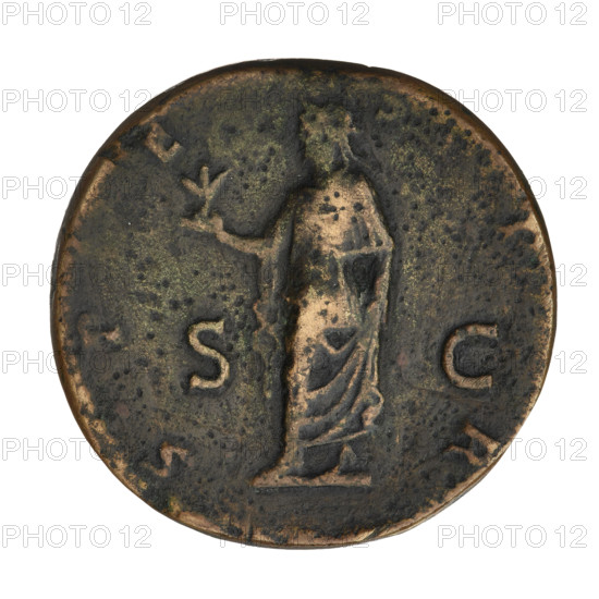 sestertius, Hadrian (76–138; Roman emperor 117–138); coin (sestertius), weight 26.58 g, 134–138 CE, Rome, Roman Empire; Obv.: bust of Hadrian with laurel wreath facing right; rim inscription: HADRIANVS AVGCOS III PP; Rev.: Spes (personification) standing left in long robe, holding a flower in his outstretched right hand and holding his robes with his left hand; rim inscription: SPES PR; control marks: SC.