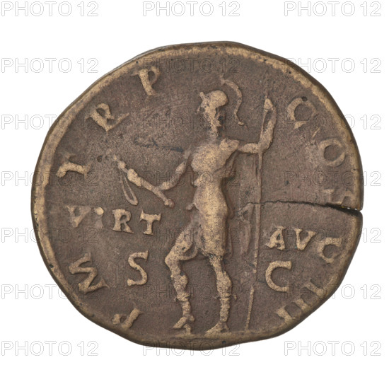 Sestertius, Hadrian (76–138; Roman emperor 117–138). Obverse: bust of Hadrian with laurel wreath facing right; rim inscription IMPCAESARTRAIANHADRIANVSAVG. Reverse: Virtus standing left, dressed in military attire, wearing a helmet, right foot on a helmet, parazonium in the right hand, spear held vertically in the left hand; rim inscription PM TR P COS III; on both sides: SC VIRT AVG. Date: 121–122. Rome, Roman Empire (27 BC–476). Coin; weight 23.70 g.