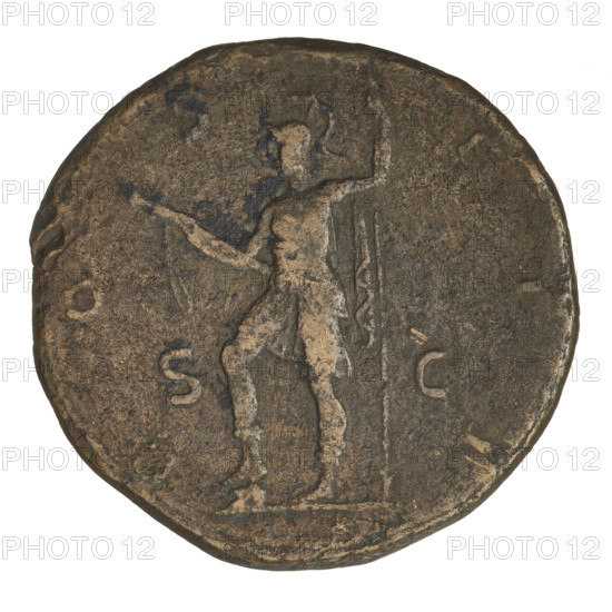 sestertius, Hadrian (76–138; Roman emperor 117–138); obverse: bust of Hadrian with laurel wreath facing right; rim inscription obliterated. Reverse: Virtus standing left, dressed in military attire, wearing a helmet, right foot on a helmet, parazonium in right hand, spear in left hand upright; rim inscription COS III; on both sides: SC. Date: 121–122. Rome, Roman Empire (27 BC–476). Coin; weight 25.06 g.