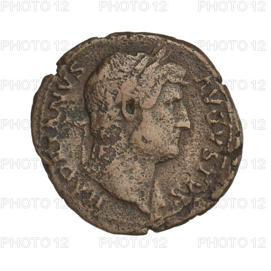 Hadrian (76–138; Roman emperor 117–138). Coin (119–138, Rome, Roman Empire). Obverse: Bust of Hadrian with laurel wreath facing right; rim inscription: HADRIANVS AVGVSTVS. Reverse: Salus standing left, wearing a long robe, holding a patera over an altar in her right hand and a scepter in her left; rim inscription: SALVS AVGVSTI; bottom: COS III; sides: SC. Weight: 11.30 g.