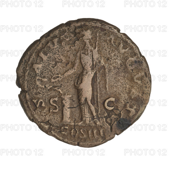 Hadrian (76–138; Roman emperor 117–138). Coin (119–138, Rome). Obverse: Bust of Hadrian with laurel wreath facing right; rim inscription: HADRIANVS AVGVSTVS. Reverse: Salus standing left, wearing a long robe, holding a patera over the altar in her right hand and a scepter in her left; rim inscription: SALVS AVGVSTI; below: COS III; control marks: SC. Weight: 11.30 g.