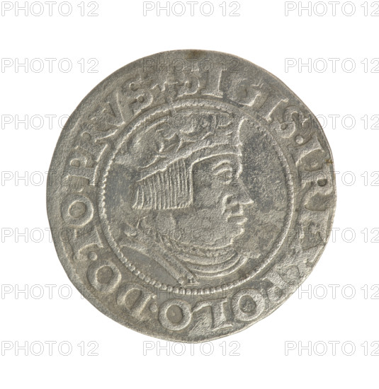 Gdansk grosz, Sigismund I the Old (King of Poland; 1506–1548). Silver coin, 1535. Obverse: Crowned male bust in profile turned to the right; in the rim between pearl-shaped borders an inscription: .SIGIS.I.REX.POLO.DO.TO.PRVS. Reverse: Coat of arms of Gdansk; in the rim between pearl-shaped borders an inscription: .GROSSVS.CIVI.DANCZK.1535. Subjects: Polish coins, Jagiellon dynasty, royal/male busts, city coat of arms. Location: Gdansk, Poland.