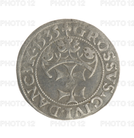 Gdansk grosz, Sigismund I the Old (King of Poland; 1506–1548). Polish coin, Jagiellon dynasty. Obverse: Crowned male bust in profile facing right; rim between pearl-shaped borders with inscription: .SIGIS.I.REX.POLO.DO.TO.PRVS. Reverse: Coat of arms of Gdansk; rim between pearl-shaped borders with inscription: .GROSSVS.CIVI.DANCZK.1535. Dated 1535. Poland, Gdansk.