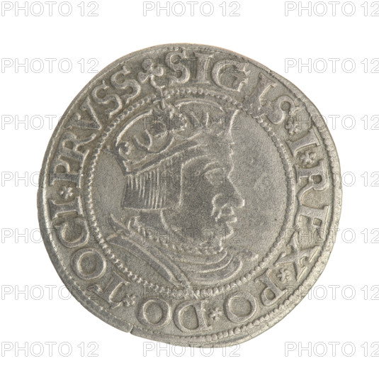 Gdansk grosz, Sigismund I the Old (King of Poland; 1506–1548). Silver coin (grosz), 1535. Obverse: Crowned male bust in profile turned to the right; rim between pearl-shaped borders with inscription: .SIGIS.I.REX.PO.DO.TOCI.PRVSS. Reverse: Coat of arms of Gdansk; rim between pearl-shaped borders with inscription: .GROSSVS.CIVIT.DANCZK.1535. Subject: royal busts, city coat of arms; style and iconography typical of Polish Jagiellon coinage. Location: Gdansk, Poland.