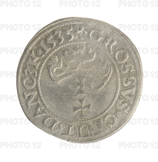 Gdansk grosz, Sigismund I the Old (King of Poland; 1506–1548). Obv.: Crowned male bust in profile turned to the right; in the rim between pearl-shaped borders an inscription: .SIGIS.I.REX.PO.DO.TOCI.PRVSS. Rev.: Coat of arms of Gdansk; in the rim between pearl-shaped borders an inscription: .GROSSVS.CIVIT.DANCZK.1535. 1535. Poland, Gdansk.