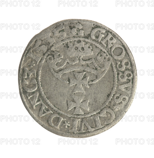 Gdansk grosz, Sigismund I the Old (King of Poland; 1506–1548). Silver coin (grosz), 1535. Obverse: Crowned royal bust of Sigismund I in profile facing right; rim inscription between pearl-shaped borders: .SIGIS.I.REX.PO.DO.TOCI.PR. Reverse: Coat of arms of Gdansk; rim inscription between pearl-shaped borders: .GROSSVS.CIVI.DANCZ.1535. Iconography: male/royal busts; materials: silver; style: 16th-century Polish coinage; place: Gdansk, Poland.