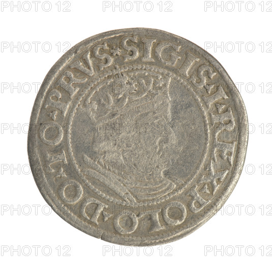 Gdansk grosz, Sigismund I the Old (King of Poland; 1506–1548). Coin. Obverse: Crowned male bust in profile turned to the right; in the rim between pearl-shaped borders an inscription: .SIGIS.I.REX.POLO.DO.TO.PRVS. Reverse: Coat of arms of Gdansk; in the rim between pearl-shaped borders an inscription: .GROSSVS.CIVIT.DANCZK.1535. Date: 1535. Place: Gdansk, Poland. Subjects/styles: Polish coins; Jagiellon dynasty; royal/male bust; city coat of arms; iconography.