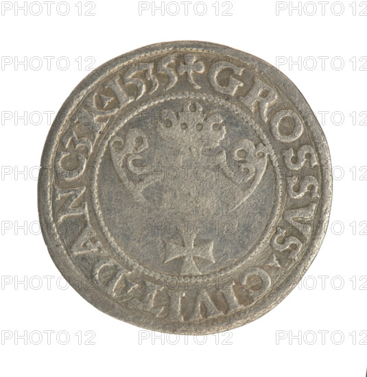 Gdansk grosz, Sigismund I the Old (King of Poland; 1506–1548). Polish coin, Jagiellon dynasty. Obverse: Crowned male bust in profile turned to the right; in the rim between pearl-shaped borders an inscription: .SIGIS.I.REX.POLO.DO.TO.PRVS. Reverse: Coat of arms of Gdansk; in the rim between pearl-shaped borders an inscription: .GROSSVS.CIVIT.DANCZK.1535. Date: 1535. Place: Gdansk, Poland.