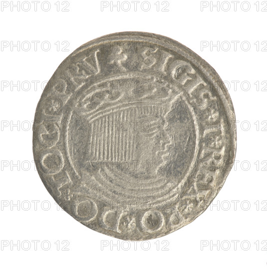 Gdansk grosz, Sigismund I the Old (King of Poland; 1506–1548). Polish coin, Jagiellon dynasty. Obverse: Crowned male bust of Sigismund I in profile turned to the right; in the rim between pearl-shaped borders an inscription: .SIGIS.I.REX.PO.DO.TOCI.PRV. Reverse: Coat of arms of Gdansk; in the rim between pearl-shaped borders an inscription: .GROSSVS.CIVI.DANCZ.1535. Dated 1535. Poland, Gdansk.