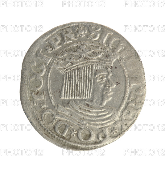 Gdansk grosz, Sigismund I the Old (King of Poland; 1506–1548). Polish coin of the Jagiellon dynasty. Obverse: Crowned male bust of Sigismund I in profile facing right; rim between pearl-shaped borders with inscription '.SIG.REX.PO.DO.TOCI.PR'. Reverse: Coat of arms of Gdansk; rim between pearl-shaped borders with inscription '.GROSSVS.VI.DANC'. Dated 1535. Poland, Gdansk.