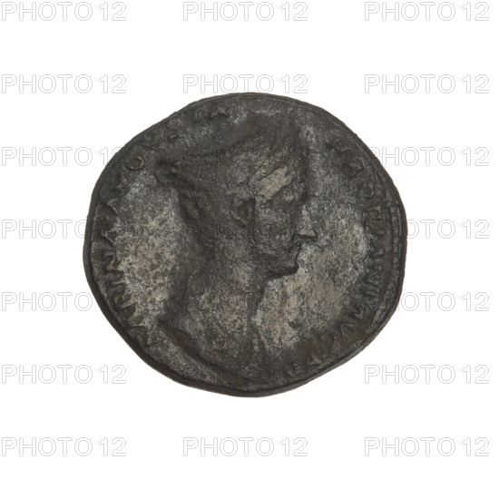 Sabina (83–137; Roman empress 117–137), Hadrian (76–138; Roman emperor 117–138); coin depicting busts and Vesta (mythology). Obverse: bust of Sabina facing right, hair lifted up, braided at the back, diadem on head; rim inscription: SABINAVGVSTAHADRIANIA VGPP. Reverse: Vesta seated left, wearing a long robe, holding a palladium in her right hand and a long scepter in her left; rim inscription missing. Date: 117–137. Material: coin; weight 11.02 g. Function: coin (SC episode). Location: Rome, Roman Empire.