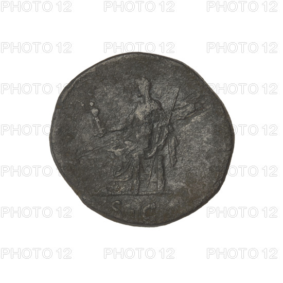 Sabina (83–137; Roman empress 117–137), Hadrian (76–138; Roman emperor 117–138), Vesta (mythology); coin (117–137, Rome, Roman Empire), weight 11.02 g. Obv.: bust of Sabina facing right, hair lifted up, braided at the back, diadem on head; rim inscription: SABINAVGVSTAHADRIANIA VGPP. Rev.: Vesta sitting left, wearing a long robe, holding a palladium in her right hand, a long scepter in her left; rim inscription: missing.