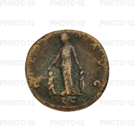 as, Sabina (83–137; Roman empress 117–137), Hadrian (76–138; Roman emperor 117–138), busts, Pietas (personification), children; Obv.: bust of Sabina facing right, hair lifted up, braided at the back, diadem on head; rim inscription: SABINAVGVSTAHADRIANIAVGPP; Rev.: Pietas standing straight, dressed in a long robe, holds both hands above the heads of two girls; rim inscription: SAVG; SC episode, 117–137, Rome, Roman Empire (27 BC–476); coin, weight 13.77 g