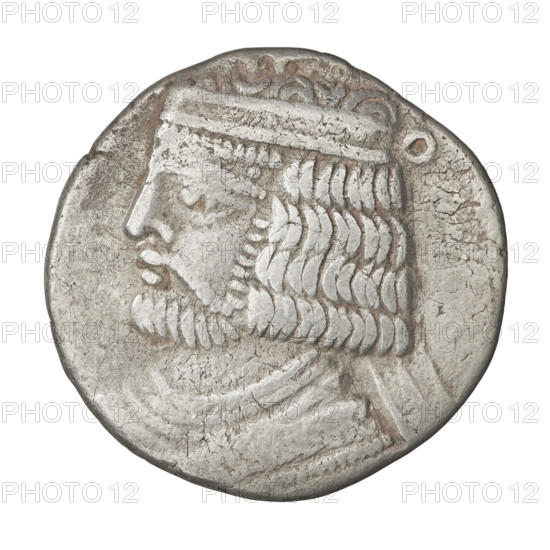 Tetradrachm of Vardanes II (55–58 CE). Obverse: bust of Vardanes II wearing a diadem, facing left. Reverse: King Vardanes seated on a throne facing left, before him the goddess Tyche holding a wreath. Parthian Kingdom, Iran. Coin. Diameter 27.0–27.5 mm; weight 13.15 g.