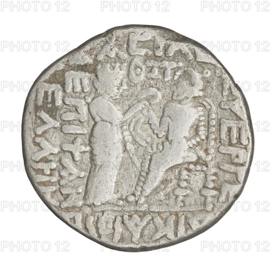 Tetradrachm of Vardanes II (55–58). Obverse: bust of Vardanes II wearing a diadem, facing left. Reverse: King Vardanes seated on a throne facing left; before him the goddess Tyche holding a wreath. Parthian Kingdom (Iran). Coin. Diameter 27.0–27.5 mm; weight 13.15 g.