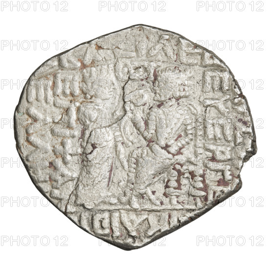 Tetradrachm of Vardanes II (55–58). Obverse: bust of Vardanes II left wearing a diadem. Reverse: Vardanes seated left on a throne, Tyche (personification) standing in front of him and giving him a wreath. Parthian Kingdom, Iran. Coin; diameter 27.0 x 29.0 mm, weight 11.50 g.