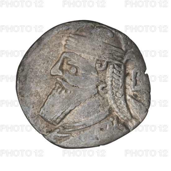 Tetradrachm of Vologases IV (Parthian king, r. 147–191). Obverse: diademed head of Vologases III facing left, right B. Reverse: Vologases III seated on throne facing left, goddess Tyche with wreath standing in front of him facing right; date at top. Parthia, Seleucia on the Tigris (Iran). Coin. Diameter 24.5–25.5 mm; weight 12.95 g.
