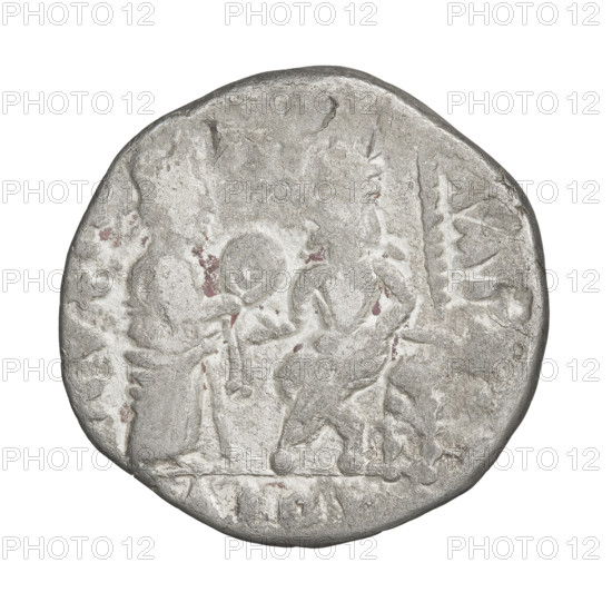 Tetradrachm (subaerate?) of Vologases IV (king of the Parthians; 147–191). Obverse: bust of Vologases IV wearing a diadem facing left, letter B at right. Reverse: Vologases IV seated on a throne facing left; before him the goddess Tyche standing facing right with a wreath and a scepter in her right hand. Parthian Kingdom, Seleucia on the Tigris, Iran. Coin, diameter 25.5–26.0 mm, weight 7.20 g.
