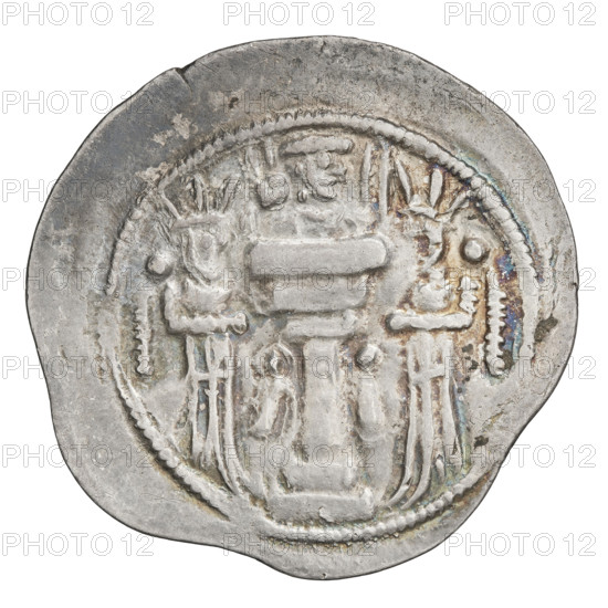 Drachma of Shapur II (ruler of Persia, 309–379). Obverse: Bust of Shapur II facing right, wearing a crown topped with a korymbos; Pahlavi inscription. Reverse: Fire altar with a male bust in the flames facing right; on either side the king and a priest face each other, each holding a sword; pearl rim; Pahlavi inscription. Sassanid art, Sassanid Kingdom; Iran/Persia. Coin, diameter 29.5–30.0 mm, weight 4.20 g.