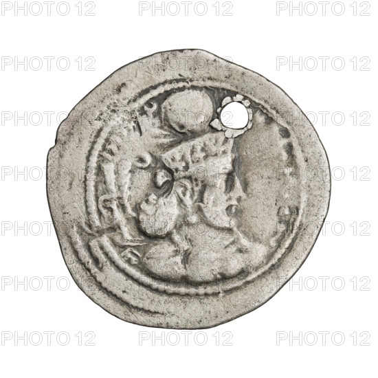 Drachma of Shapur III (ruler of Persia; 383–388). Obverse: Bust of Shapur III facing right; he wears a crown with a korymbos; Pahlavi inscription. Reverse: Burning fire altar with the bust of the ruler facing right within it; on both sides of the altar the king and a priest face each other, both holding barsoms; pearl rim; Pahlavi inscription. Sassanid art, Sassanid Kingdom; Persia; fire altar motif. Coin, diameter 25.5 × 26.0 mm, weight 3.80 g.
