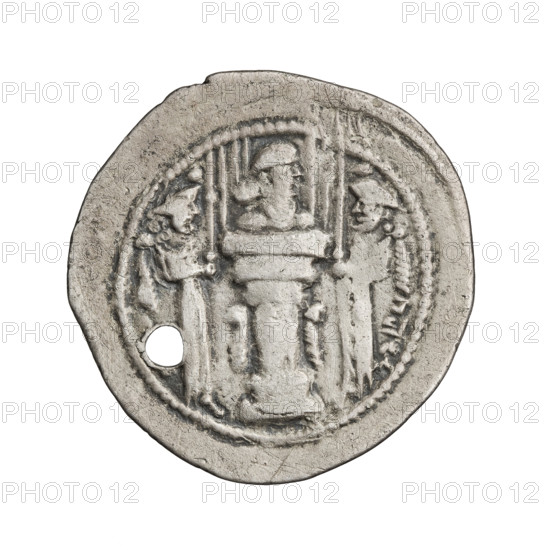 drachma, Shapur III (ruler of Persia; 383–388), busts, swords, globes, crowns, altars, Iran, korymbos, fire altar, Sassanid art, Sassanid Kingdom. Obv.: Bust of Shapur III facing right; on his head a crown with a korymbos. Pehlevi inscription. Rev.: Burning altar, in it the bust of the ruler facing right; on both sides of the altar the king and the priest facing each other, both holding barsoms; pearl rim. Pehlewian inscription. 383–388, Persia, coin; diameter 25.5 × 26.0 mm, weight 3.80 g.