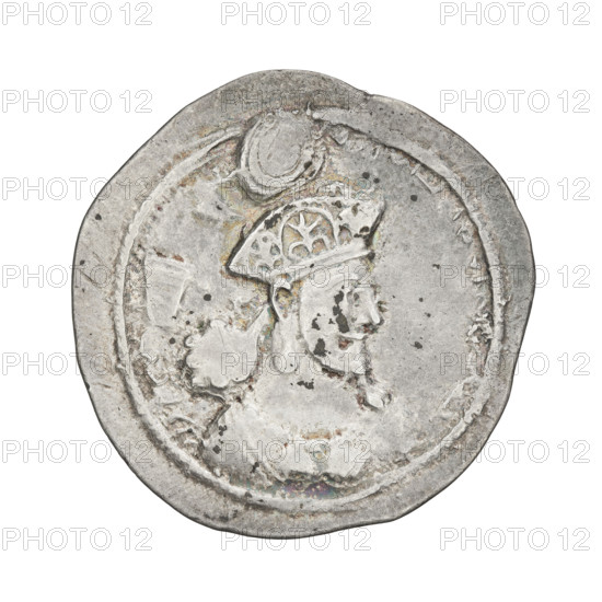 Drachma of Shapur III (ruler of Persia; 383–388). Obverse: Bust of Shapur III facing right; wearing a crown with rosettes and a globe symbolizing the universe; short curly beard, curly hair tied in a round lock, ribbons flowing behind the crown; Pahlavi inscription. Reverse: Burning altar with the bust of the ruler facing right; on both sides of the altar the king and a priest facing each other, both holding swords; pearl border; Pahlavi inscription. Coin, Persia, 383–388, weight 4.20 g.