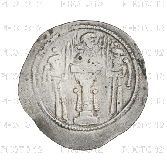 Drachma of Shapur III (ruler of Persia; 383–388). Obverse: Bust of Sapor III facing right; wearing a crown with rosettes and a globe symbolizing the universe; short curly beard, curly hair tied in a round lock, ribbons flowing behind the crown; Pahlavi inscription. Reverse: Burning altar with the bust of the ruler facing right; on both sides of the altar the king and a priest face each other, both holding swords; pearl border; Pahlavi inscription. Persia, 383–388. Coin, weight 4.20 g.