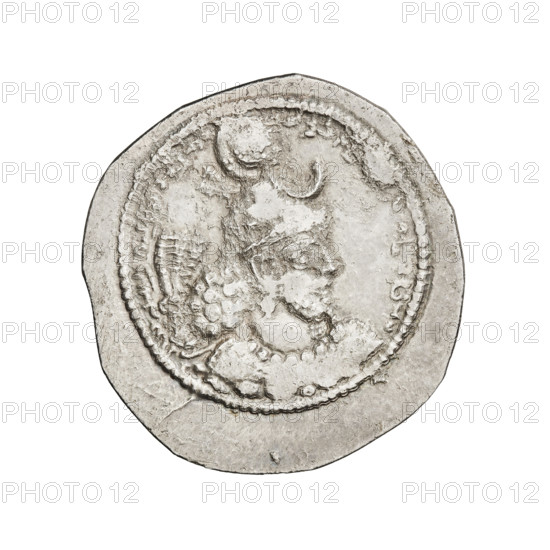 Drachma of Bahram IV (ruler of Persia, 389–399). Obverse: Bust of Bahram IV facing right, wearing a crown with wings and korymbos; Pahlavi inscription. Reverse: Fire altar; below the altar the king and the priest facing each other, both holding barsoms; Pahlavi inscription above the altar on the right side; pearl rim. Sassanid art, Sassanid Kingdom, Persia. Coin: diameter 24.0–25.0 mm, weight 3.80 g.