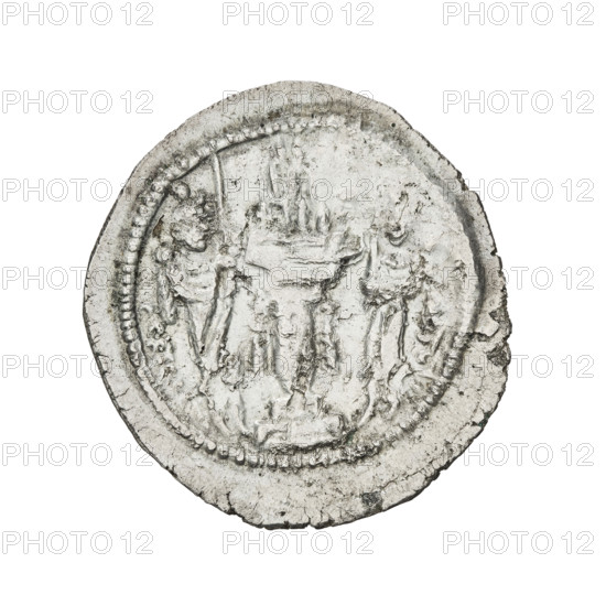 drachma, Yazdegerd I (ruler of Persia; 399–420), busts, moons, altars, crowns, wings, Iran, Persia, fire altar, Sassanid art, Sassanid Kingdom, korymbos. Obverse: Bust of Yazdegerd I facing right; crown with a crescent on the front and a korymbos; ribbons extending from the crown, falling down the back. Pahlavi legend. Reverse: Fire altar; on the sides of the altar the king and priest facing each other, both holding barsoms; pearl rim. Pahlavi legend. Date: 399–420. Coin: diameter 24.0 × 25.0 mm, weight 4.10 g.