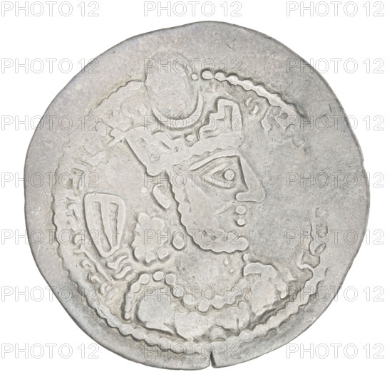 Drachma of Bahram V (ruler of Persia; 420–438). Obverse: bust of Bahram V facing right; he wears a crown with a crescent and korymbos, with Pahlavi inscription. Reverse: central figure of the ruler wearing a crown, standing facing right; behind him a burning fire altar, flanked by two male figures holding barsoms; pearl rim; Pahlavi inscription. Sassanid art; Sassanid Kingdom; Iran/Persia. Coin: diameter 29.0–30.0 mm; weight 3.87 g.