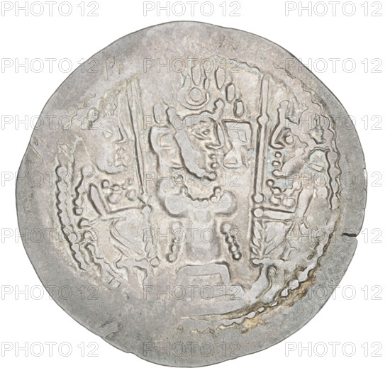 Drachma of Bahram V (ruler of Persia; 420–438). Obverse: bust of Bahram V facing right, wearing a crown with a crescent and korymbos; Pahlavi inscription. Reverse: central standing figure of the ruler wearing a crown facing right; behind him a burning fire altar, flanked by two male figures holding barsoms; pearl rim; Pahlavi inscription. Sassanid art; Persia. Coin: diameter 29.0–30.0 mm, weight 3.87 g.