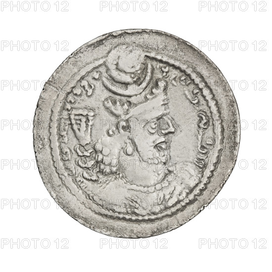 Drachma of Bahram V (ruler of Persia, 420–438). Obverse: bust of Bahram V facing right wearing a crown with a crescent and korymbos; Pahlavi inscription. Reverse: fire altar flanked by two male figures holding barsoms; pearl rim; Pahlavi inscription. Sassanid art; Sassanid Kingdom; Iran (Persia). Coin: diameter 27.0 mm, weight 3.85 g.