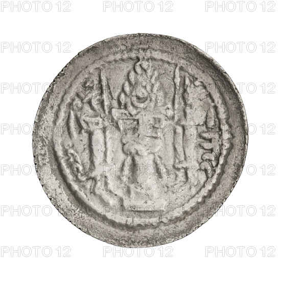 Drachma of Bahram V (ruler of Persia, 420–438). Obverse: Bust of Bahram V facing right, wearing a crown with a crescent and korymbos; Pahlavi inscription. Reverse: Fire altar flanked by two male figures holding barsoms; pearl rim; Pahlavi inscription. Sassanid art; Sassanid Kingdom; Persia (Iran). Coin; diameter 27.0 mm; weight 3.85 g.