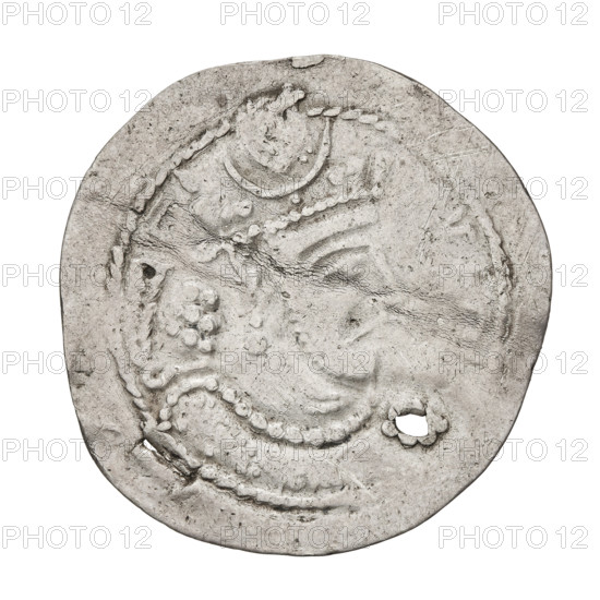 Drachma of Bahram V (ruler of Persia, 420–438). Obverse: bust of Bahram V facing right, wearing a crown with a crescent and korymbos, ribbons flowing behind the crown; Pahlavi inscription. Reverse: fire altar with pearl border; Pahlavi inscription. Sassanid art; Sassanid Kingdom; Iran/Persia. Coin, diameter 29.0–29.5 mm, weight 4.00 g.