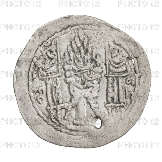 Drachma of Bahram V (ruler of Persia; 420–438). Obverse: Bust of Bahram V facing right; on his head a crown with a crescent and korymbos, ribbons flowing behind the crown; Pahlavi inscription. Reverse: Fire altar; pearl border; Pahlavi inscription. Sassanid art; Sassanid Kingdom; motifs: busts, crowns, crescents, altars, moons, wings, korymbos. Persia (Iran); coin, dia. 29.0 × 29.5 mm; weight 4.00 g.