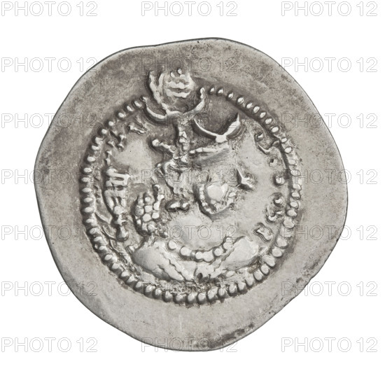 Drachma of Peroz I (ruler of Persia, 459–484). Obverse: bust of Peroz I facing right, wearing a crown with a crescent and korymbos; behind the crown two fluttering ribbons; Pahlavi legend. Reverse: fire altar flanked left by the ruler stretching his hands to a star and right by a priest stretching his hands to a crescent; signs/monograms on both sides; pearl rim; Pahlavi legend. Iran (Persia); Sassanid art; Sassanid Kingdom. Altars, crescents, busts, stars, moons, crowns, wings, korymbos. Coin; diameter 28.0 × 29.0 mm; weight 4.10 g; date 459–484.
