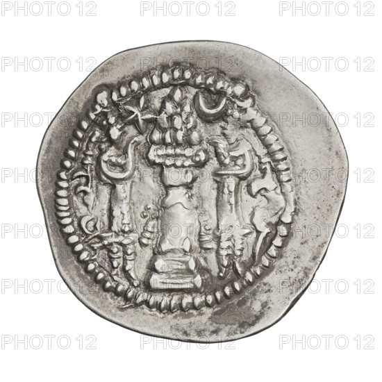Drachma of Peroz I (ruler of Persia, 459–484). Obverse: bust of Peroz I facing right, wearing a crown with a crescent and korymbos; behind the crown two fluttering ribbons; Pahlavi legend. Reverse: fire altar; to the left the ruler stretching his hands to a star, to the right a priest stretching his hands to a crescent; signs/monograms on both sides; pearl rim; Pahlavi legend. Sassanid art, Sassanid Kingdom; motifs include altars, crescents, busts, stars, moons, crowns, wings, korymbos. Iran/Persia. Coin (drachma): diameter 28.0 × 29.0 mm, weight 4.10 g; dated 459–484.