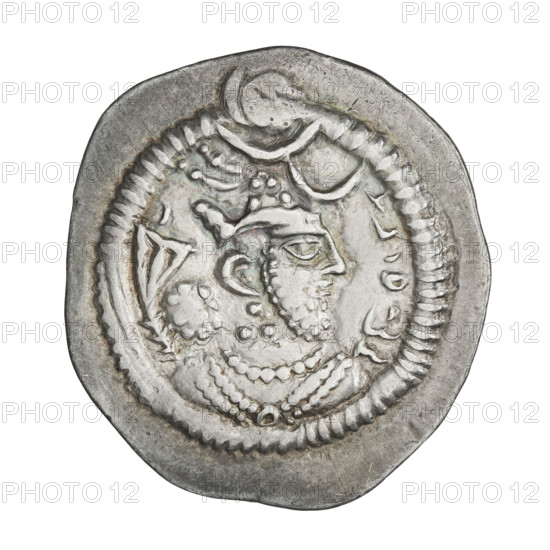Drachma of Peroz I (ruler of Persia; 459–484). Obverse: bust of Peroz I facing right; wearing a crown with a crescent and korymbos, with a second crescent in front of the crown; Pahlavi legend. Reverse: fire altar; to its left the ruler stretching his hands to a star, to its right a priest stretching his hands to a crescent; signs/monograms on both sides; pearl border; Pahlavi legend. Sassanid art/style. Iran (Persia). 459–484 CE. Coin; diameter 25.5 × 28.0 mm; weight 4.10 g.